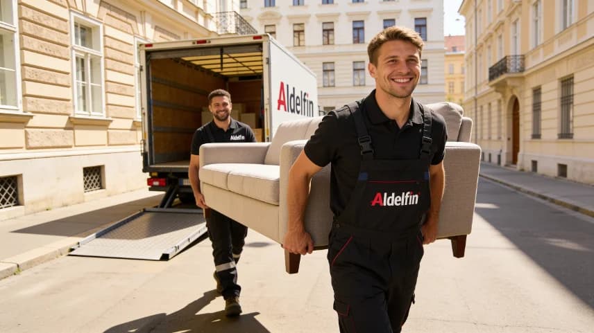 Zwei Umzugshelfer von Aldelfin tragen ein Sofa vor einem Wiener Altbau, im Hintergrund der Transporter
